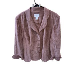 Mary McFadden Button Blazer Top Women 16 Brown Faux Suede Ruffle Vintage